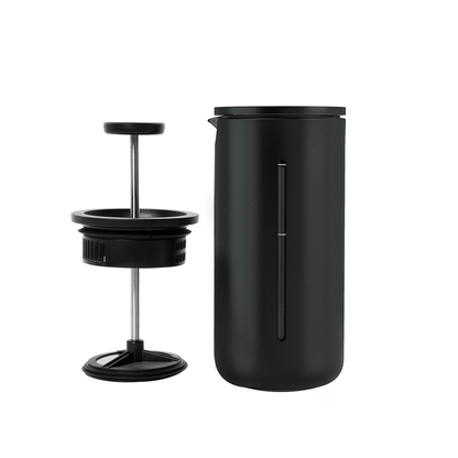 Prensa francesa Timemore U negra desmontada: vaso con funda y émbolo con filtro de acero