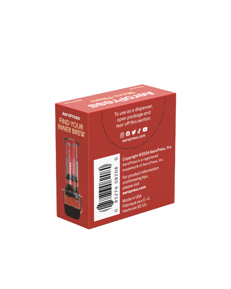 Parte trasera de la caja de filtros AeroPress con solapa dispensadora y código de barras